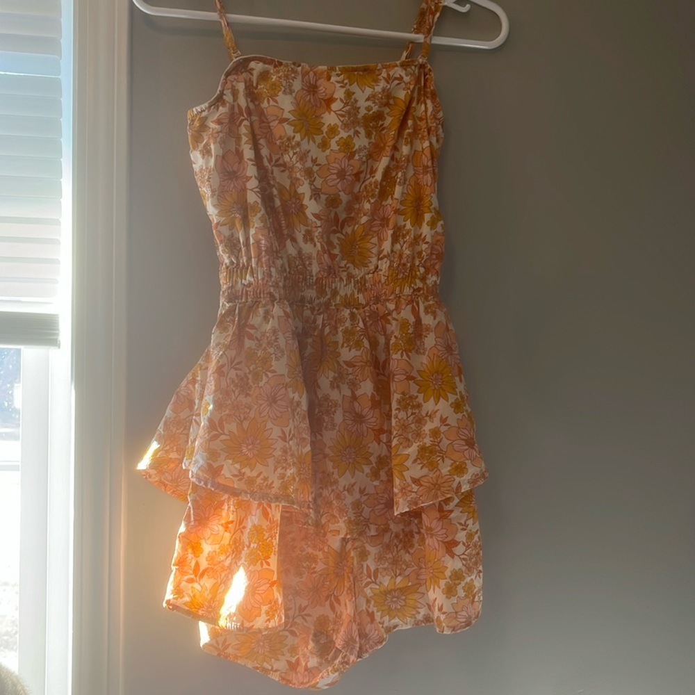 American Eagle Romper, orange, light pink and yellow floral